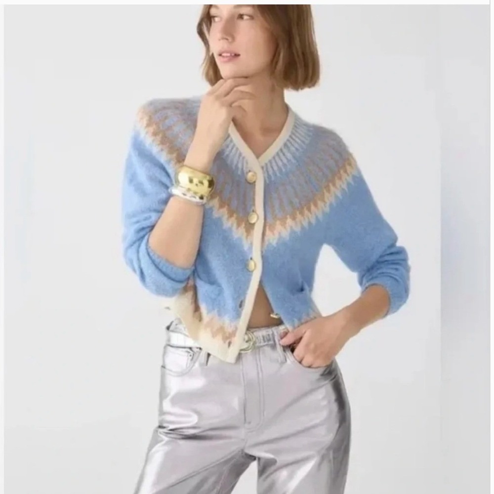 J. Crew Alpaca Blend Fair Isle Brushed Yarn Cardigan Gold Embossed Buttons SZ S